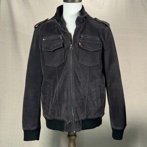 Levi Strauss Mens Bomber Jacket Dark Gray Suede Sherpa Lined Full Zip Pockets